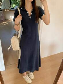 DAZY 女士 V 领休闲条纹中长连衣裙，适合工作夏季太阳裙衬衫裙