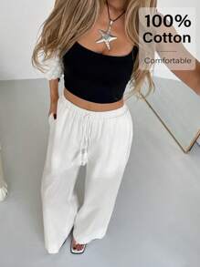 SHEIN Essnce 女式亚麻棉质阔腿裤，带口袋 | 春夏休闲舒适版型松紧腰带抽绳透气休闲旅行白色 (2025) - 白色 - 查看 5