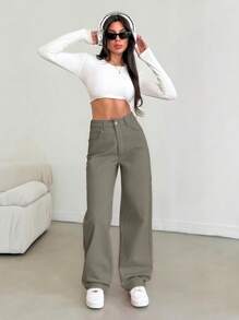 EURMUSE High Rise Straight Pink Jeans, Fashionable Suitable For Summer - Army Green - View 1