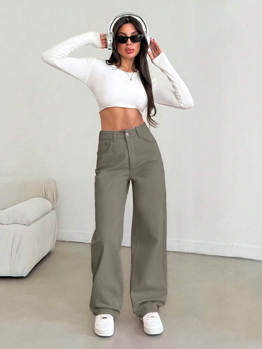 EURMUSE High Rise Straight Pink Jeans, Fashionable Suitable For Summer - Army Green - View 1