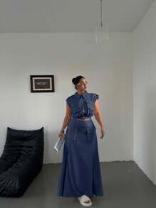 POPSWAY 2pcs/Set Sleeveless Zip-Up Crop Top & Slit Hem Skirt - Navy Blue - View 7