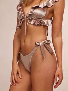 WESTFADE Summer Velvet Western Low Rise High Cut Leg Cute Bow Tie Sides Ruched Back Bikini Bottoms Spring Beach Vacation - Champagne - View 1