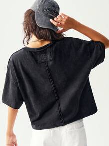 Bohemela Áo thun nữ tay ngắn cổ tròn thả vai màu trơn đơn giản thoải mái - màu đen - Xem 6