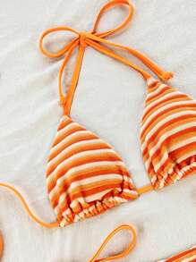 SHEIN Women's Stripe Print Cross Halter Backless Sexy Bikini Set For Beach Vacation - Orange - View 4