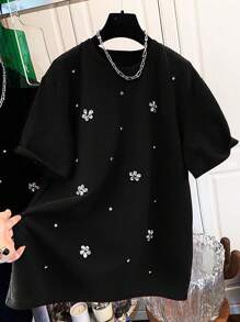 SHEIN Women Regular Floral Rhinestone Decor Crew Neck Short Sleeve T-Shirt, Suitable For Summer - Black - View 1