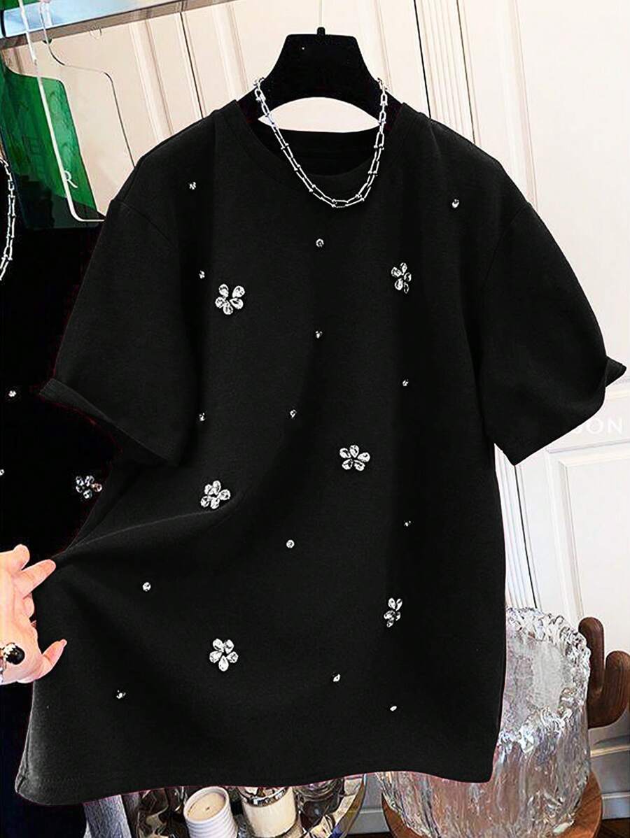 SHEIN Women Regular Floral Rhinestone Decor Crew Neck Short Sleeve T-Shirt, Suitable For Summer - Black - View 1