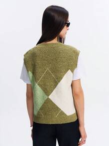 LYSMO Chaleco de punto con escote en V, casual, con patrón de diamantes estilo universitario para mujeres
