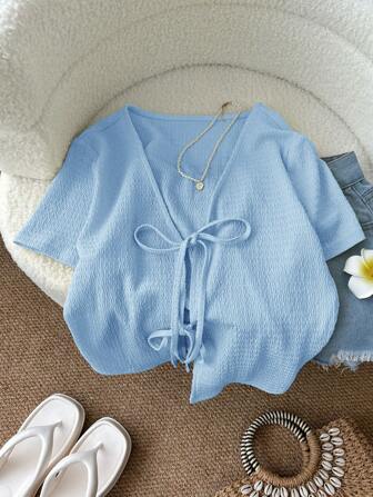 SHEIN LUNE Suéter de punto con nudo delantero en color amarillo claro para mujer, sexy y bonito estilo casual de moda