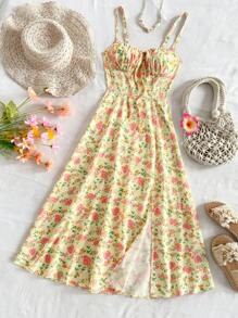 Soleia Váy xẻ cao eo họa tiết hoa cami cho nữ, phong cách nghỉ dưỡng cho mùa hè - Màu vàng - Xem 6