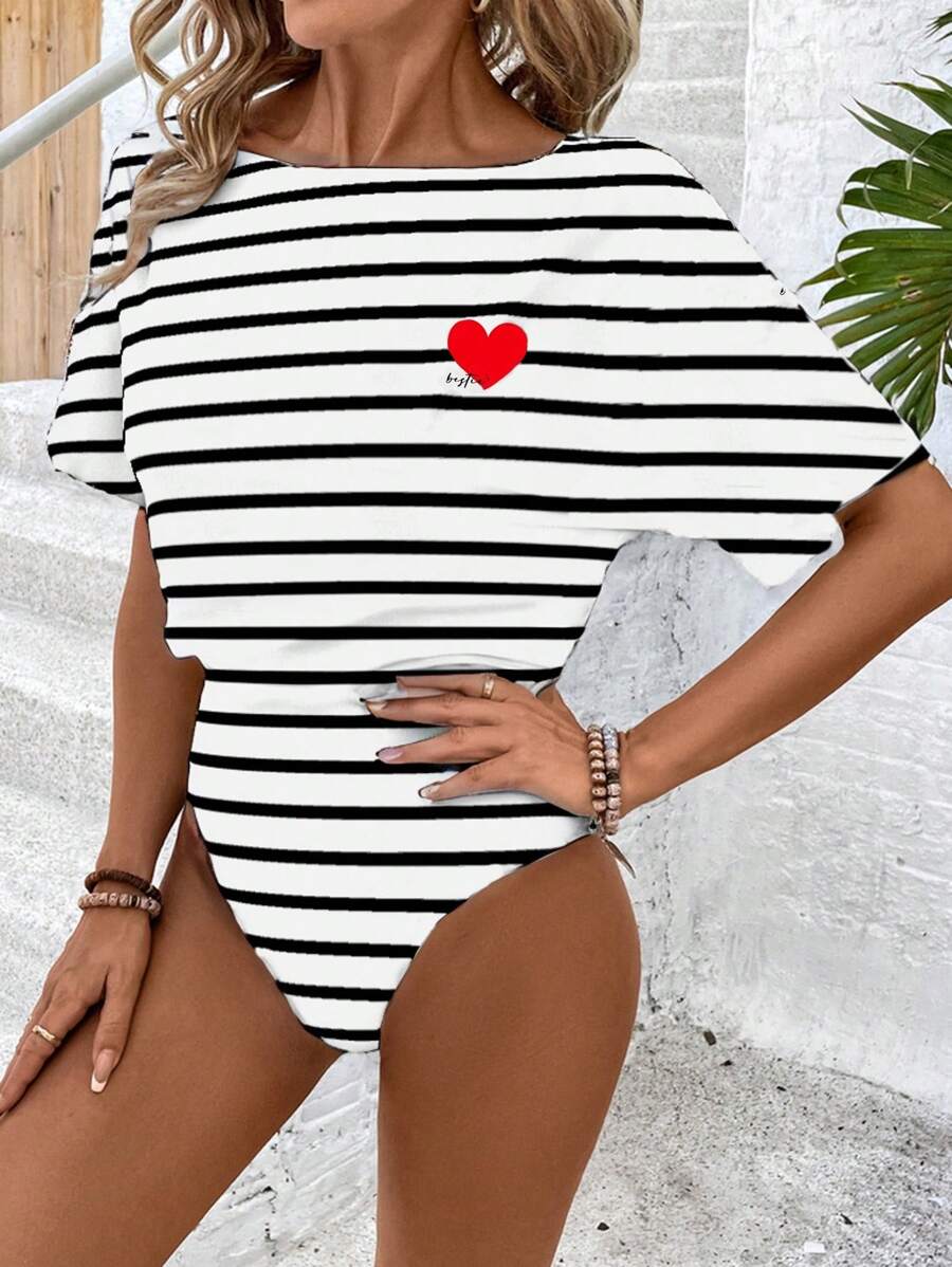 SHEIN LUNE 女式条纹和心形印花无袖紧身衣，适合假期和夏季
