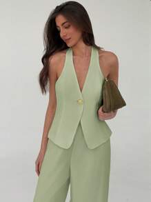 Aloruh Elegant Commuter Solid Color Metal Buckle Decor Cardigan And Straight Leg Pants Two Pieces Outfit, Versatile For Outings