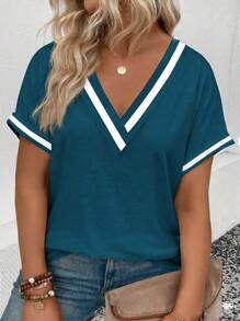 SHEIN LUNE CURVE Maglietta a maniche corte con scollo a V, stampa a contrasto di colore, taglia comoda, estiva