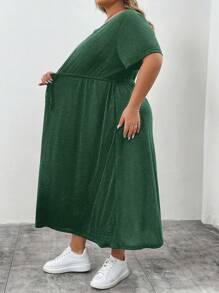 SHEIN CURVE+ Vestido holgado de manga larga negro con cinturón y bolsillos, estilo casual de verano para mujer de talla grande