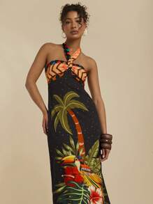 Travachic 女士度假棕榈树印花吊带连衣裙 - 黑色 - 查看 6