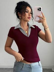 Selianne Blusa casual elegante de negocios Rafferiza para mujer, cómoda y sofisticada, con escote en V, de rayas, 2 en 1, de tela acanalada elástica de alta calidad, corte ajustado, para primavera/verano, de manga corta, en color rojo borgoña