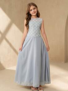 SHEIN Tween Girl Floral Lace Crew Neck Top And Mini Skirt 2 Pieces Set - Dusty Blue - View 5