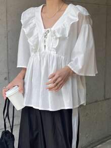 FRIFUL Women White Loose Ruffled Hem Short Blouse, Cute Shirt Ruffled Top, Summer,Babydoll Top - White - View 7