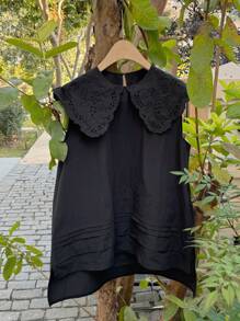 FRIFUL Áo kiểu nữ màu đen dáng rộng không tay, cổ Peter Pan thêu họa tiết, phong cách nghỉ dưỡng, thích hợp mặc đi nghỉ mát mùa hè. - màu đen - Xem 8
