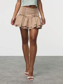 TypaGal Women's Ruffled Hem Low Waist Mini Skirt With Drawstring - Camel - View 1