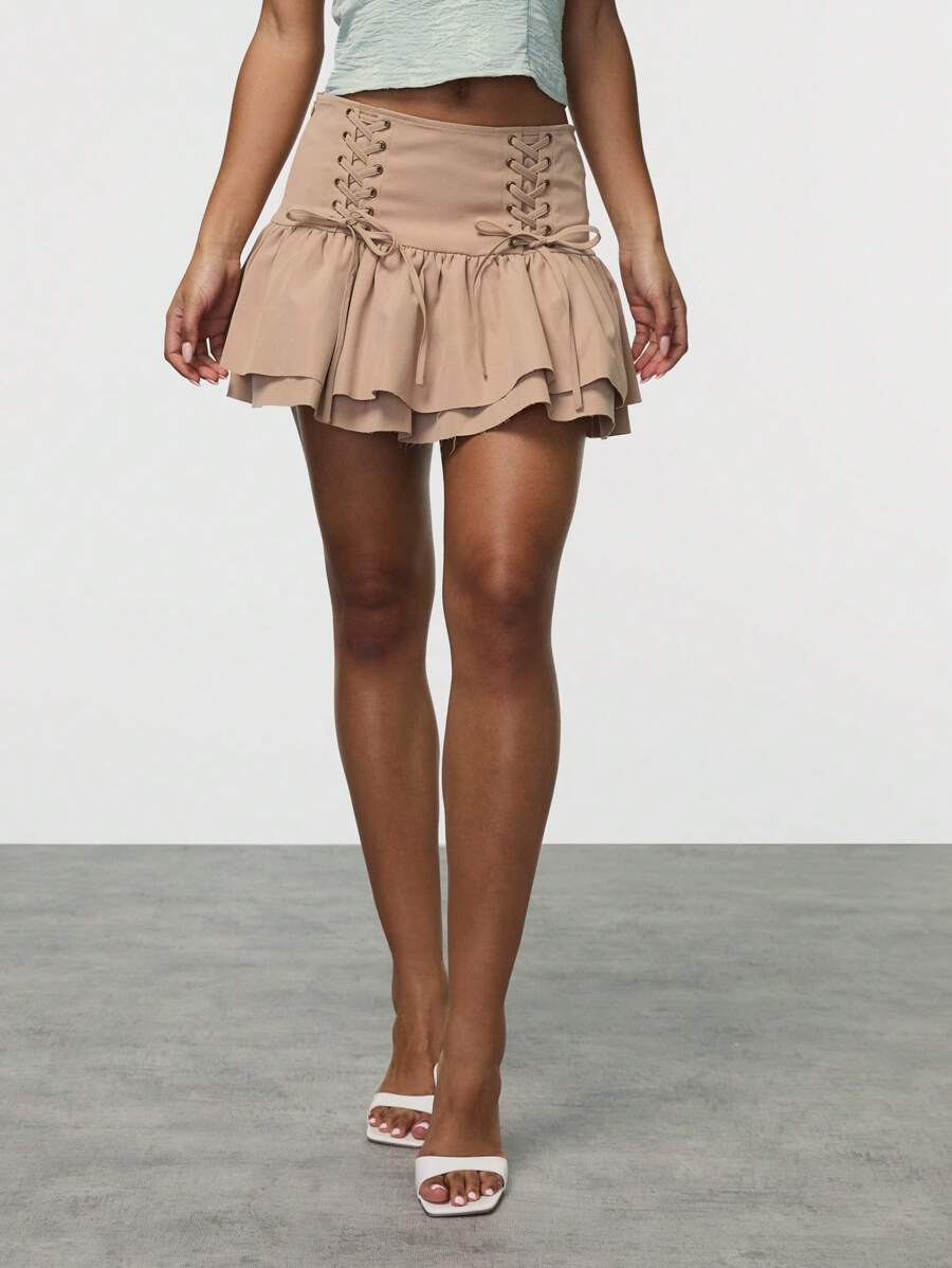 TypaGal Women's Ruffled Hem Low Waist Mini Skirt With Drawstring - Camel - View 1