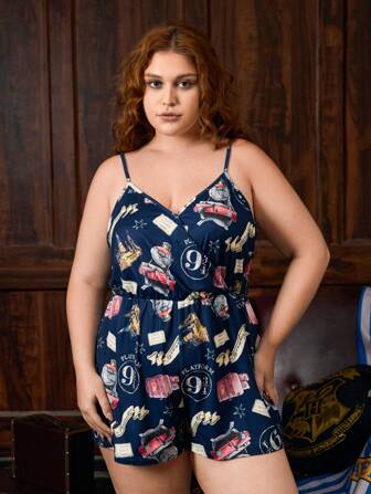 HARRY POTTER X SHEIN Plus Size Platform 9 3/4 Trein Kasteel Gryffindor All-Over Print Pyjama Romper, Diepblauw, Zomer