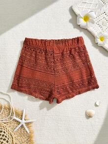 SHEIN Tween Girl Summer Beach Vacation Bowknot Elastic Waist Crochet Cover-Up Shorts Set Beach Shorts For Girls Summer Shorts For Teens Tween Girls Clothing Summer Shorts Tween Girl Casual Solid Color Buttoned Shorts Summer Cotton Cute Summer Shorts For Kids Cotton Lace Shorts Tween Girl Crochet Shorts - Coffee Brown - View 2