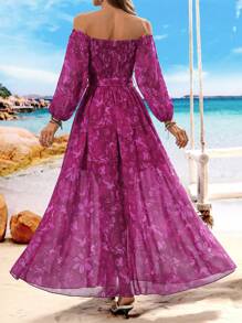 Breezaya Women Floral Print Lantern Sleeve Off Shoulder Beach Dress For Summer - Hot Pink - View 2