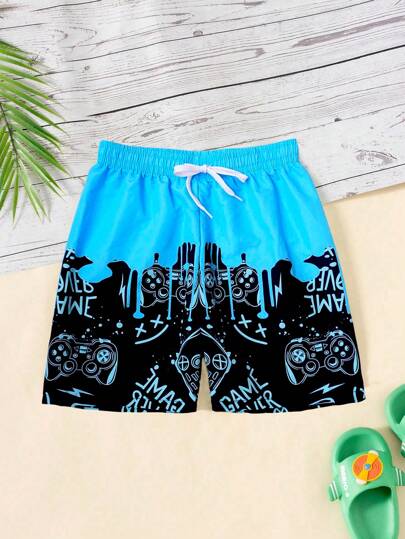 Tween Boy Fluid Print Beach, Elastic Waist Swim Shorts With Game Controller & Letter Print, Summer Beach