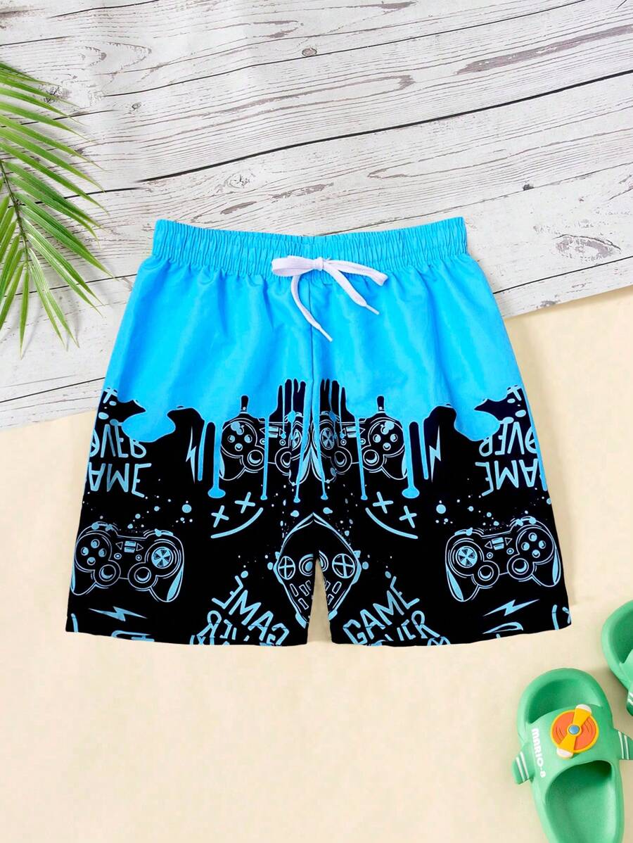 Tween Boy Fluid Print Beach, Elastic Waist Swim Shorts With Game Controller & Letter Print, Summer Beach - Blue - View 1