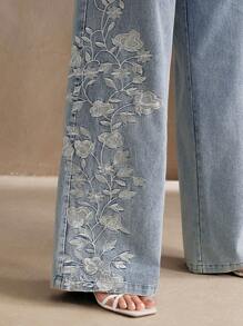 Anewsta Pantalón largo elegante con bordado floral para mujer de talla grande, diseño urbano y sofisticado