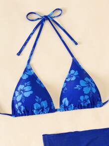 Swim Mod 3pcs/Set Women Halter Neck Triangle Bra & Brief Bikini Set With Sarong Skirt For Summer Beach Vacation - Multicolor - View 5