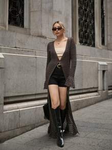 RueChic Women Kimono Long For Beachwear And Casual Hollow Out - Brown - View 4