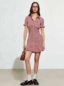 Aveloria Affinna Nuevo vestido mini ajustado de manga corta con volante en el bajo, cintura fruncida, botones delanteros y estampado de cuadros para mujer, apto para primavera/verano