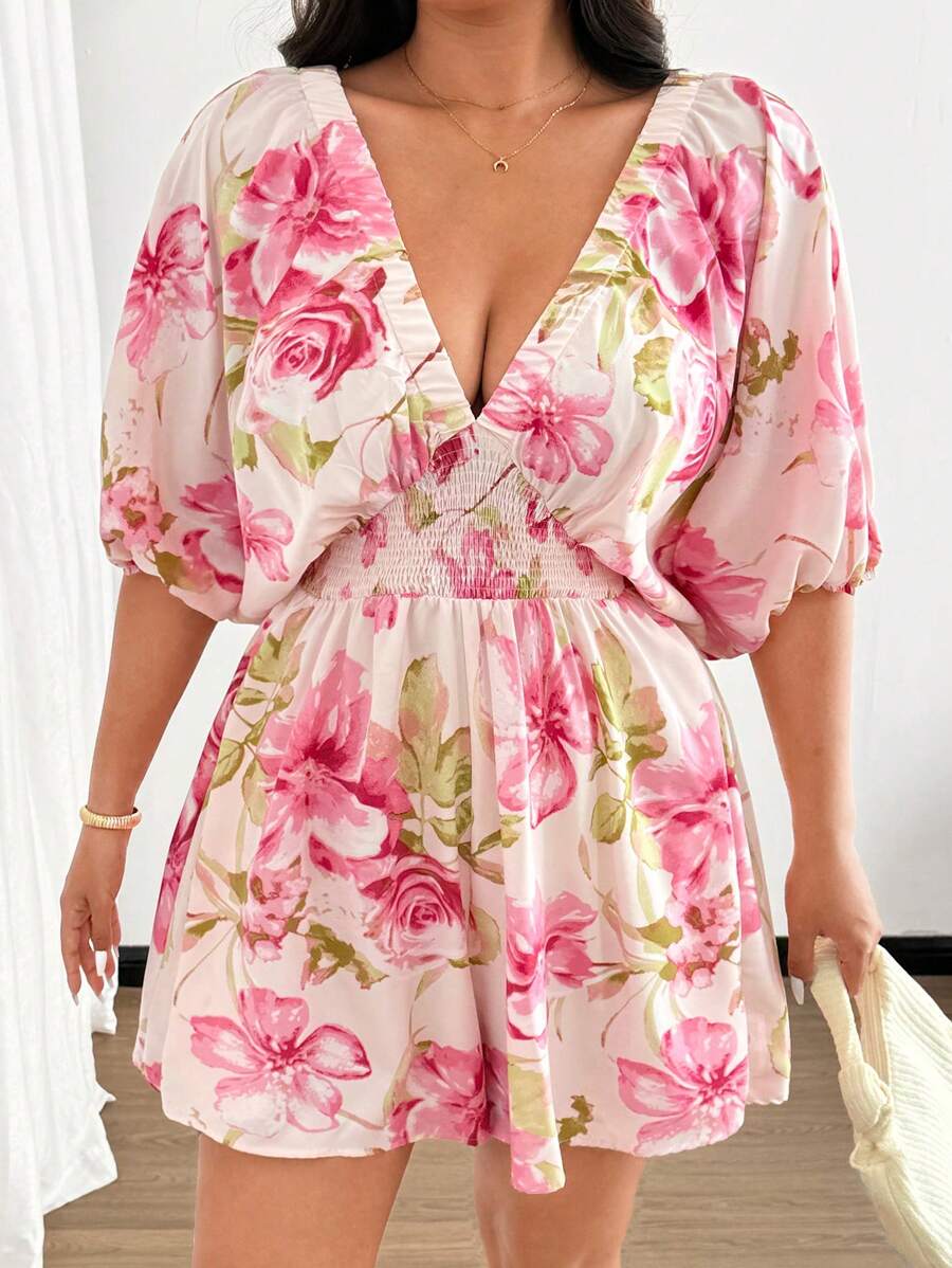 Flirla Fashionable Casual Elegant Vacation Style Spring/Autumn New Sexy V-Neck Pink Rose Floral Belted Wide-Leg Jumpsuit With Lantern Sleeves For Women - Pink - View 1