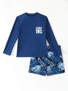 SHEIN Tween Boy Letter Print Long Sleeve Top And Plant Pattern Swim Trunks Set - Multicolor - View 6