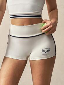 VARSITIE 高腰撞色条纹印花运动短裤 - 白色 - 查看 8