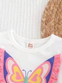 Cozy Pixies Baby Girl Butterfly Pattern Knitted Soft Round Neck Ruffle Trim Short Sleeve Pullover Top - Blue - View 8
