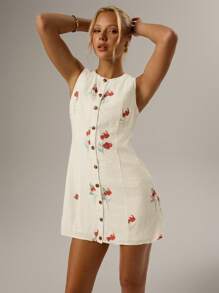 SHEIN Forever 21 Women Floral Print Single Breasted Round Neck Sleeveless Mini Dress - Apricot - View 1