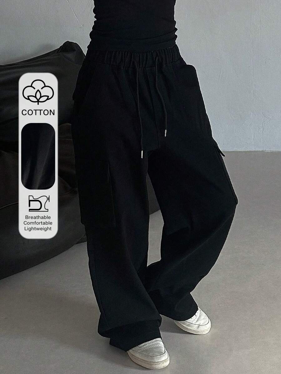 DAZY Pantalones sueltos, casuales y simples con bolsillo y nudo delantero de unicolor para mujer, para otoño - Negro - Ver 1