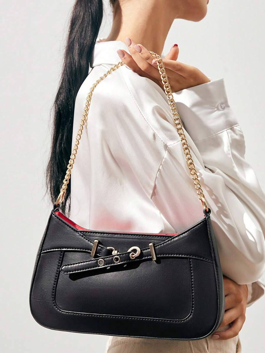 SHECARRY 女士单肩包 PU 皮革 秋季 夏季 冬季 学校 旅行 通勤 工作 优雅 精致 皮带 金属 链条 - 黑色 - 查看 1