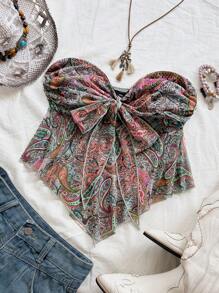 Soleia 女士度假针织佩斯利印花抹胸，系带短款上衣，适合派对、音乐节、约会、夏季 - 彩色 - 查看 3