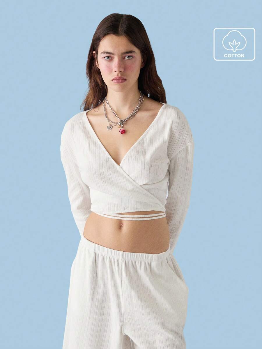 COUREZ Pointelle Long Sleeve V Neck White Wrapping Top Y2K Vintage 100%Cotton