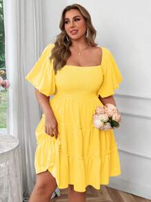 Flirla Plus Size Square Neck Ruffle Lantern Sleeve Mini A-Line Dress With Ruffled Hem, Cute Vintage Elegant Orange Bright Color Dress For Women - Yellow - View 7