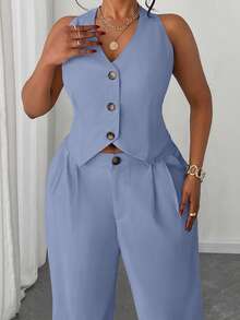 Maweii Plus Size Women Solid Color Short Vest And Wide Leg Pants 2 Pieces Set Formal Blue - Blue - View 4