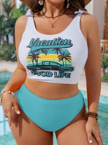 Swim Lushoire Plus Size Women Holiday Tropical Print Twisted Bust Bikini Top For Summer Beach Vacation - Blue - View 1