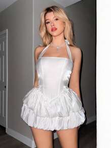SHEIN ICON Summer Elegant Solid Color Backless Halter Birthday Party Graduation White Mini Dress With Ruffle - White - View 5