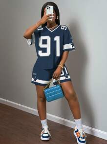 Slaydiva 2pcs/Set 2025 Spring & Summer Casual Jersey Outfit, Racing Uniform Style With Number 91 Print, For Women - Multicolor - View 1