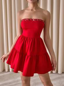 EURMUSE Off Shoulder A-Line Shaped Rhinestone Embellishment Romantic Chic Elegant Dress - Red - View 3