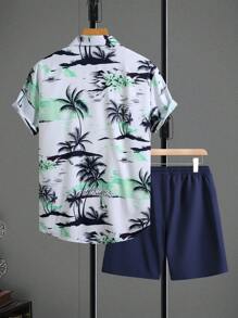 Manfinity RSRT 男士休闲棕榈树印花短袖衬衫和短裤套装，度假