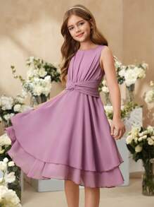 SHEIN Girls' Elegant Lilac Sleeveless Midi Dress, Suitable For Party, Holiday, Formal Occasions, Flower Girl Dress, Birthday Performance And More